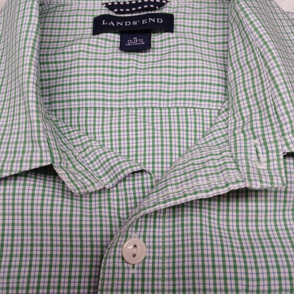 Lands’ End Men’s Short Sleeve Button-Down Shirt Green Check Plaid | Size M - Picture 5 of 10